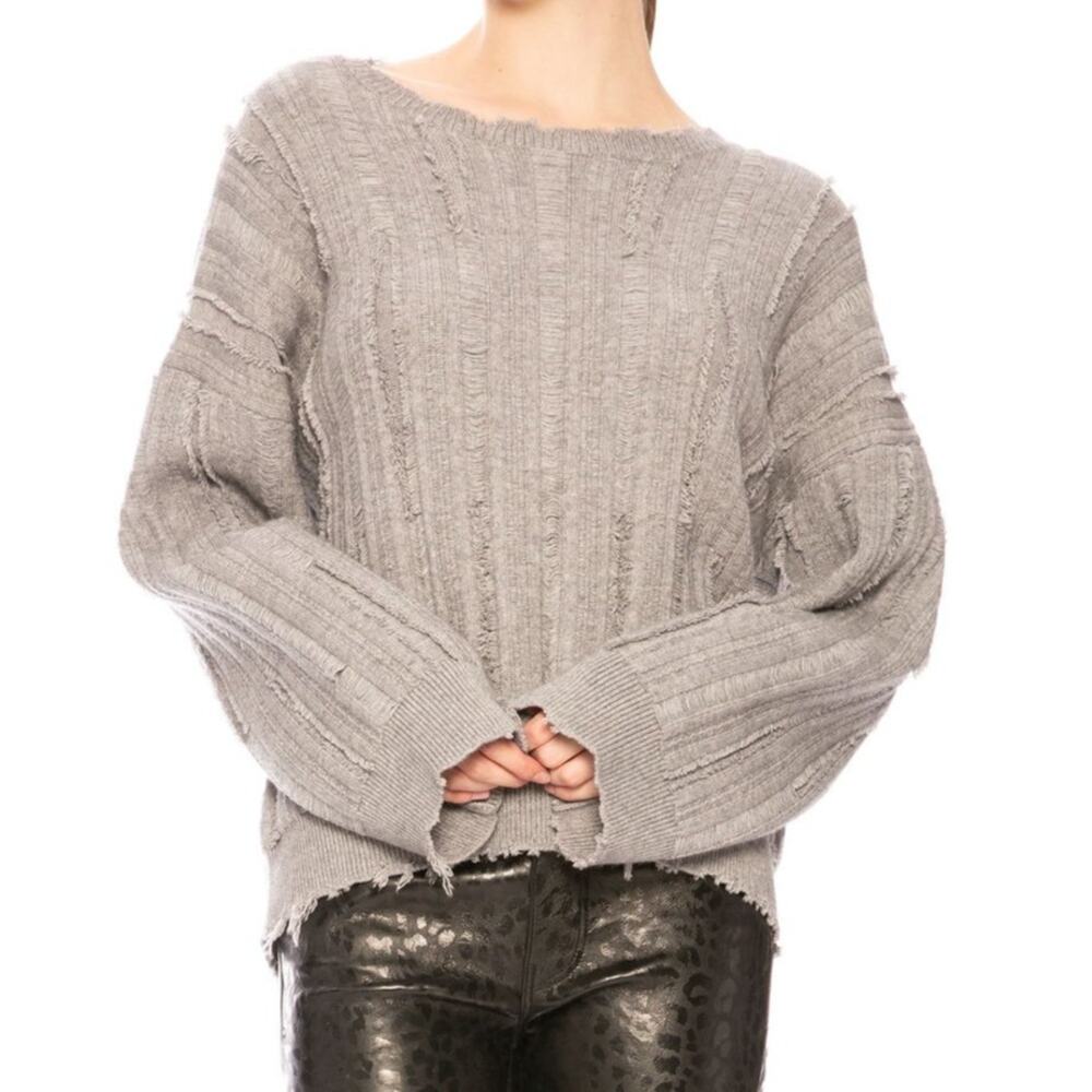 RTA Emmet Gray Distressed Knit Sweater Raw Hem Oversized Womens Med